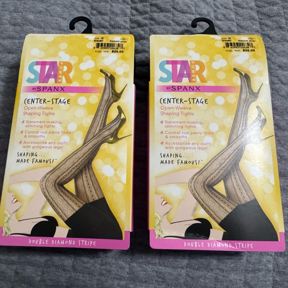 Lot of 2 Star Power SPANX Black Double Diamond Stripe Patterned Shaping Tights